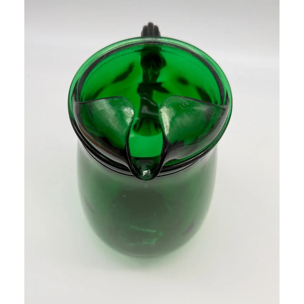 Vtg Anchor Emerald Green Glass Pitcher Ice Lip Ribbed Handle Mid Century 8.5